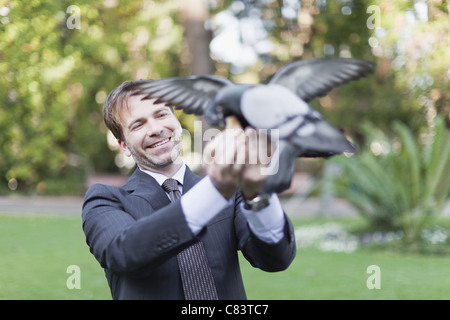 Geschäftsmann füttern Tauben im park Stockfoto