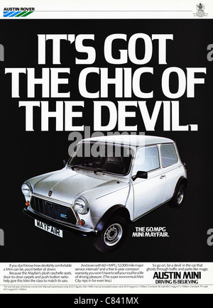 Ganzseitige Magazin Werbung ca. 1984 Werbung AUSTIN ROVER MINI Auto Stockfoto