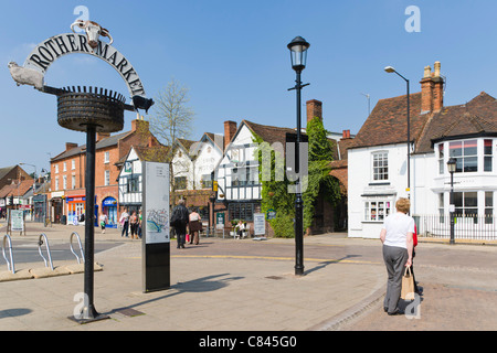 Rother Markt Zeichen, Rother Straße, Stratford-upon-Avon, Warwickshire, England, UK Stockfoto