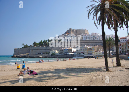 Altstadt von Playa Norte de Peñíscola, Peníscola, Costa del Azahar, Provinz Castellón, Valencia, Spanien Stockfoto