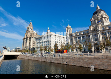 Die königlichen Leber, Cunard und Mersey Dock Company Gebäude Liverpool Pierhead, bekannt als die drei Grazien. Stockfoto