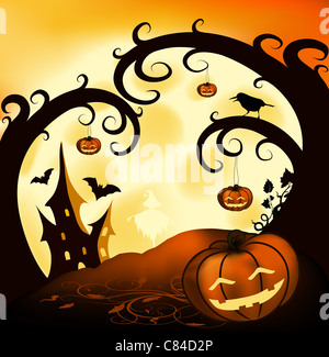Halloween Illustration Hintergrund mit Bäumen, Kürbisse, Burg; Vollmond und Krähe Stockfoto
