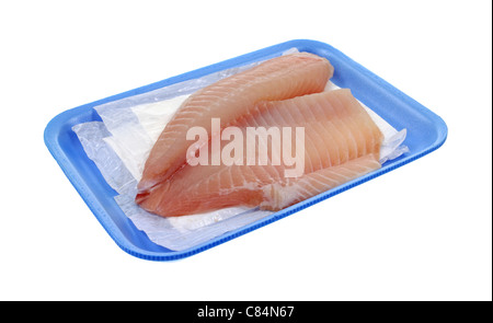 Tilapia Filet auf blauen Tablett Stockfoto