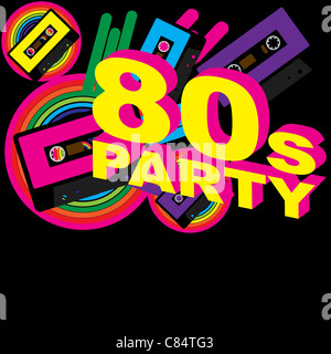 Retro-Party Hintergrund - Audio Kassette Klebeband und Disco Zeichen auf mehrfarbiger Hintergrund Stockfoto
