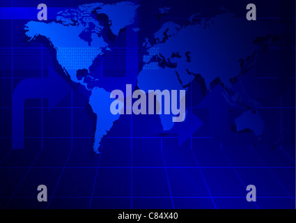 Blauer abstrakten Hintergrund mit Weltkarte und Pfeile Stockfoto