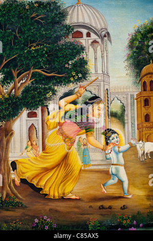 Indische Ölgemälde auf Leinwand von Baby Krishna und Gopi Stockfoto