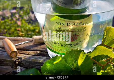 Gewürztraminer Flasche Wein im Kühler mit Korken und Korkenzieher in Weinbergen Riquewihr Weindorf und Weinbergen im Hintergrund Elsass Frankreich Stockfoto