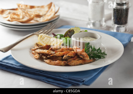 Nierchen Sardellen auf Teller mit Melba toast Stockfoto