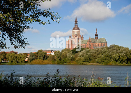 Marienkirche oder St. Marien Kirche und den Teich Frankenteich, Hansestadt Stralsund, Mecklenburg-Vorpommern, Deutschland Stockfoto