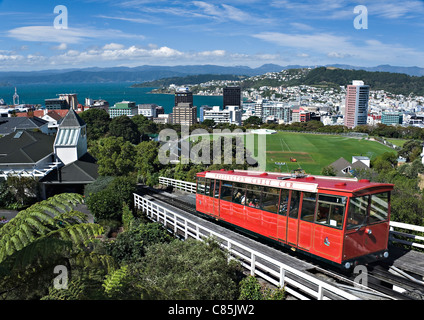 Der rote Zug auf die Kelburn Seilbahn vom Botanischen Garten mit Blick auf Wellington Nordinsel Neuseeland Stockfoto