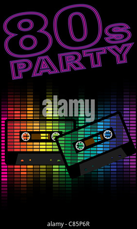 Retro-Party Hintergrund - Retro-Audio-Kassetten und Equalizer auf schwarzem Hintergrund Stockfoto