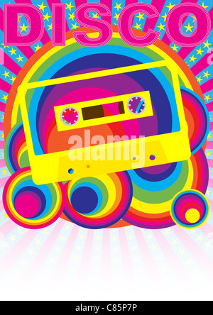 Retro-Party Hintergrund - Audio Kassette Klebeband und Disco Zeichen auf mehrfarbiger Hintergrund Stockfoto