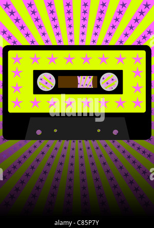Retro-Party Hintergrund - Audio Kassette Klebeband auf Streifen und Sternen-Hintergrund Stockfoto