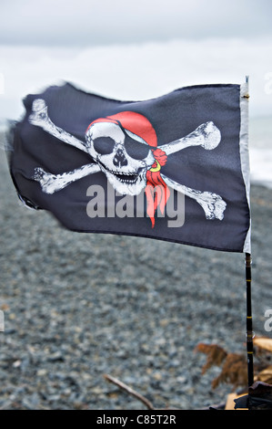 Totenkopf Pirat Flagge fliegt in eine steife Brise am Strand am Cape Kidnappers Hawke Bay Nordinsel Neuseeland Stockfoto