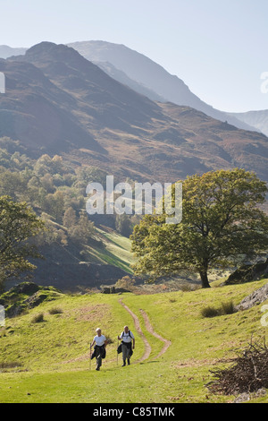 Ein älteres paar Wanderung im Grünen in der Nähe kleine Langdale im Lake District, Cumbria, England, UK Stockfoto