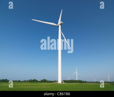 Windenergieanlagen in einem grünen Feld. Süd-Ontario, Kanada. Stockfoto