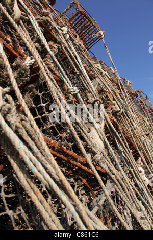 Stadt von Str. Andrews, Schottland. Malerische Aussicht auf Hummer-Töpfe in St Andrews Harbour hautnah. Stockfoto