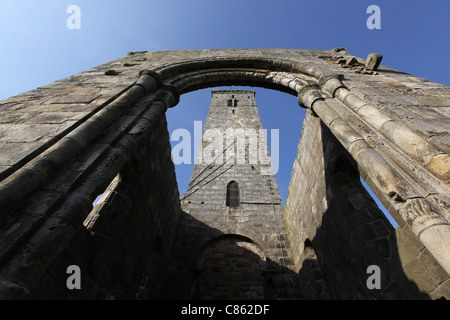 Stadt von Str. Andrews, Schottland. Niedrigen Winkel nahe Ansicht der St. Rule Kirche Ruinen. Stockfoto