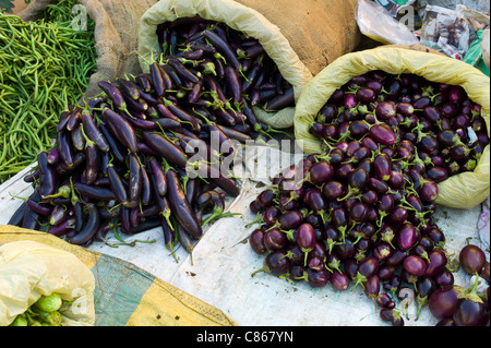 Alt-Delhi, Daryagang Obst-und Gemüsemarkt, Auberginen, Auberginen und grüne Bohnen auf den Verkauf, Indien Stockfoto