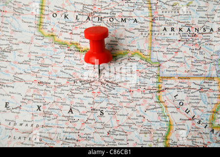 Red pin auf der Karte der USA verweist, Dallas, Texas Stockfoto