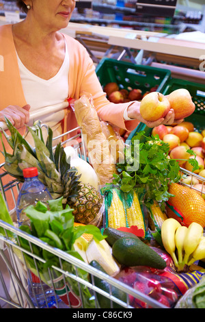 Bild der senior Frau mit frischem Gemüse und Obst in Warenkorb Stockfoto