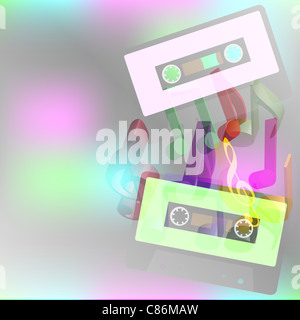 Party Hintergrund - Multicolor Notizen und Retro-Audio-Kassetten Stockfoto