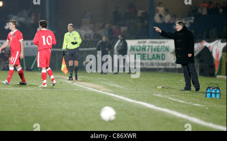 Wales-Manager John Toshack schreit Anweisungen an seine Spieler aus dem technischen Bereich. Nordirland und Wales zog 0-0 in diesem freundlichen. Nordirland V Wales internationale freundlich, Windsor Park, Belfast, 6. Februar 2007 Stockfoto