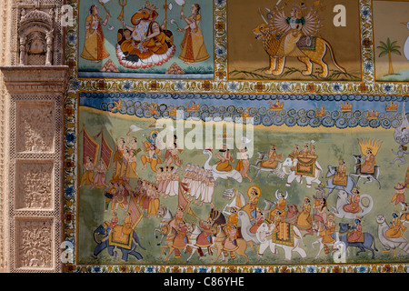 Mehrangarh Fort Hindu Wandbild am Jaypol Tor in Jodhpur in Rajasthan, Nordindien Stockfoto