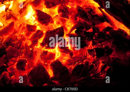 Ein loderndes Feuer in einem Zement-Feuerstelle am Strand während der Nachtzeit. Stockfoto