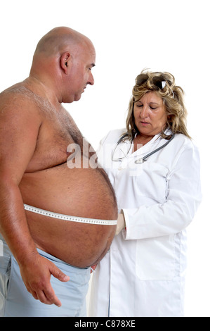 Großen männlichen Patienten mit dicken Bauch und Arzt Stockfoto
