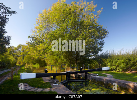 Maultierweg durch Baldwins Knopf-Sperre für den Wey & Arun-Kanal in der Nähe von Loxwood, Sussex, England Stockfoto