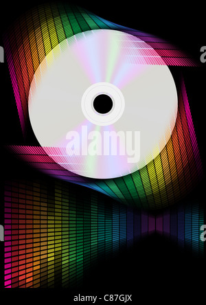 Abstract Background - Multicolor Equalizer und CD Disc auf schwarzen Hintergrund Stockfoto