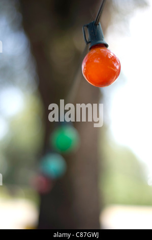 Eine Zeichenkette von bunten Glas lichter Hände zwischen Bäumen. Stockfoto