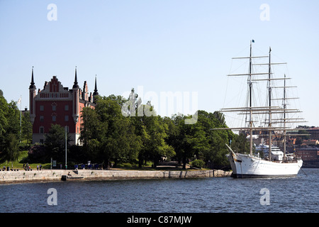 Großsegler, die af Chapman, jetzt eine Jugendherberge, festgemacht an der Insel Skeppsholmen, Admiralty House Stockholm Hafen, Schweden Stockfoto