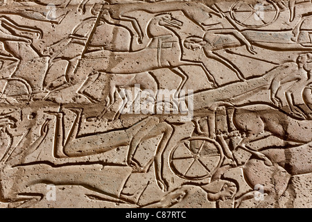 Relief Arbeiten zeigen Feldzüge von Ramses II in das Ramesseum, Luxor, Ägypten Stockfoto