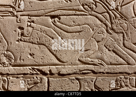 Relief Arbeiten zeigen Feldzüge von Ramses II in das Ramesseum, Luxor, Ägypten Stockfoto