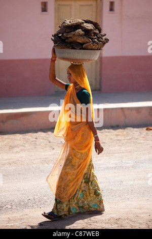 Indische Frau in Sari mit Kuhdung pats trocknen zum Kochen Kraftstoff im Khore Dorf in Rajasthan, Nordindien Stockfoto