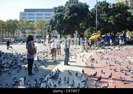 Füttern der Tauben in Plaça Catalunya, Barcelona, Provinz Barcelona, Katalonien, Spanien Stockfoto