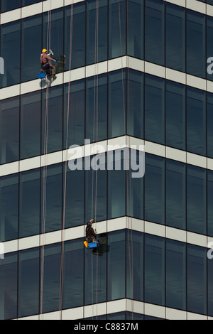 Absiling Fensterputzer arbeiten hoch über dem Straßenniveau der Glasscheiben des Westfield City Shopping Centre in Stratford. Stockfoto