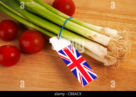 Frühlingszwiebeln mit Cherry-Tomaten auf Schneidebrett Stockfoto