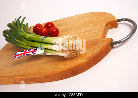 Frühlingszwiebeln mit Cherry-Tomaten auf Schneidebrett Stockfoto