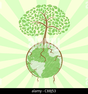 Illustration der Baum Sunburst Hintergrund Globus mit seinen Wurzeln festhalten Stockfoto