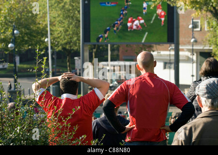 Swansea, UK, 15.10.2011. Walisischen Rugby Fans beobachten die Schlussphase der RWC-Halbfinale mit Frankreich heute Morgen, die sie verloren. Sie sahen das Spiel auf einem großen außen Fernsehbildschirm in Schlossplatz im Zentrum von Swansea. Stockfoto