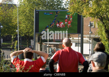 Swansea, UK, 15.10.2011. Walisischer Rugby-Fans in Swansea beobachten ihr Team nach Frankreich im Halbfinale der Rugby World Cup in Neuseeland heute morgen verlieren. Stockfoto