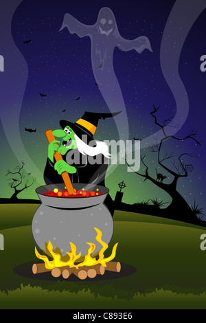 Illustration von Halloween Hexe Kochen und Geist kommen aus ihrem Topf Stockfoto
