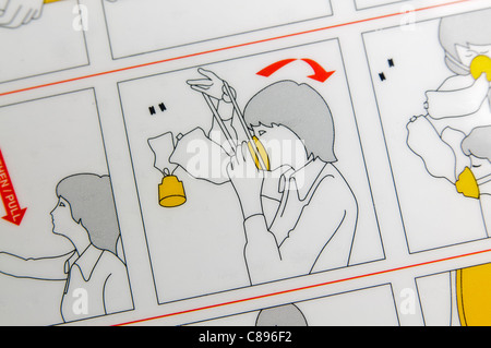 Nahaufnahme einer Airline-Sicherheit-Karte zeigt, wie der Sauerstoff Stockfoto