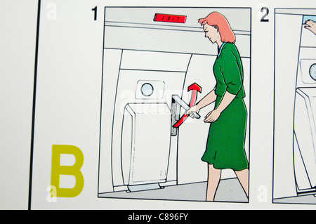 Nahaufnahme einer Airline-Sicherheit-Karte zeigt, wie Sie im Notfall evakuieren Stockfoto