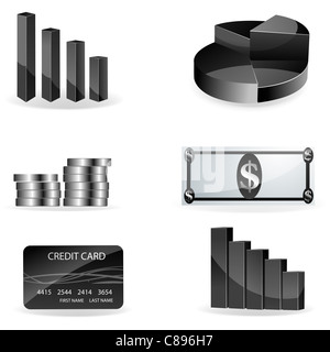 Darstellung der Graphen, Kreditkarte, Währung, Kreisdiagramm, Habenichtse mit weißem Hintergrund Stockfoto