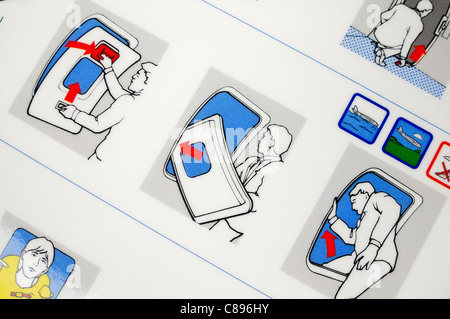 Nahaufnahme einer Airline-Sicherheit-Karte zeigt, wie Sie im Falle einer Notlandung zu evakuieren Stockfoto