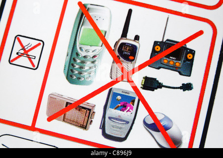 Nahaufnahme einer Airline Sicherheit Karte Verwendung untersagt Artikel anzeigen Stockfoto